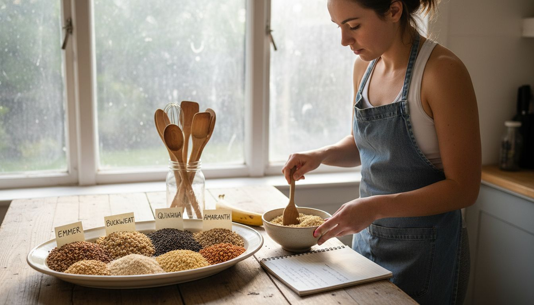 Variety of cooked ancient grains on kitchen island
