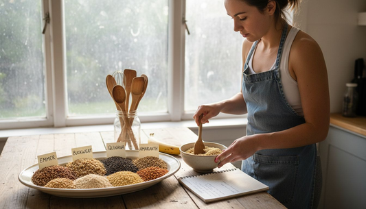 Variety of cooked ancient grains on kitchen island