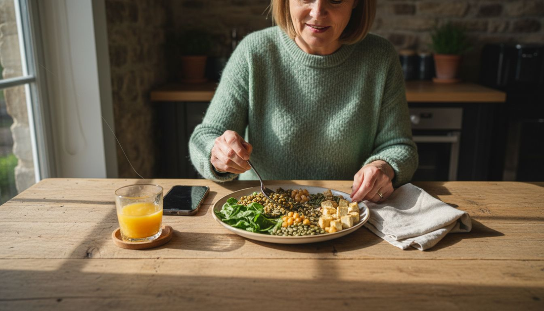 Woman arranging iron-rich plant-based foods on table