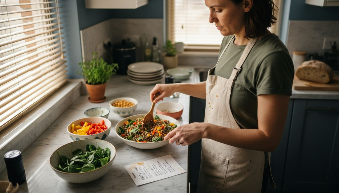 Woman preparing plant-based salad in kitchen