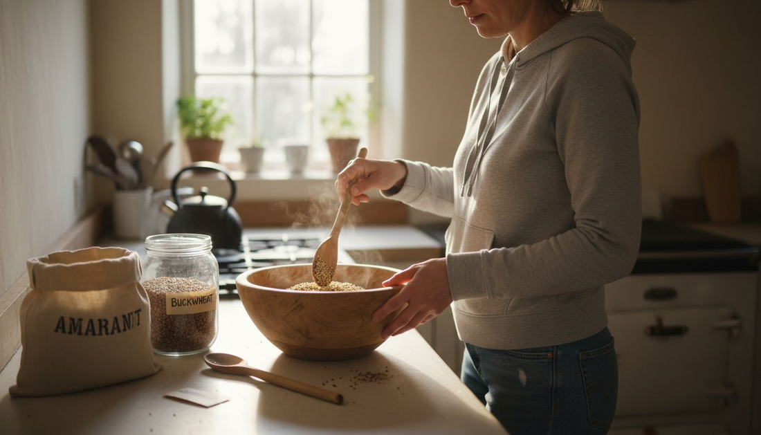 Woman preparing ancient grains breakfast bowl