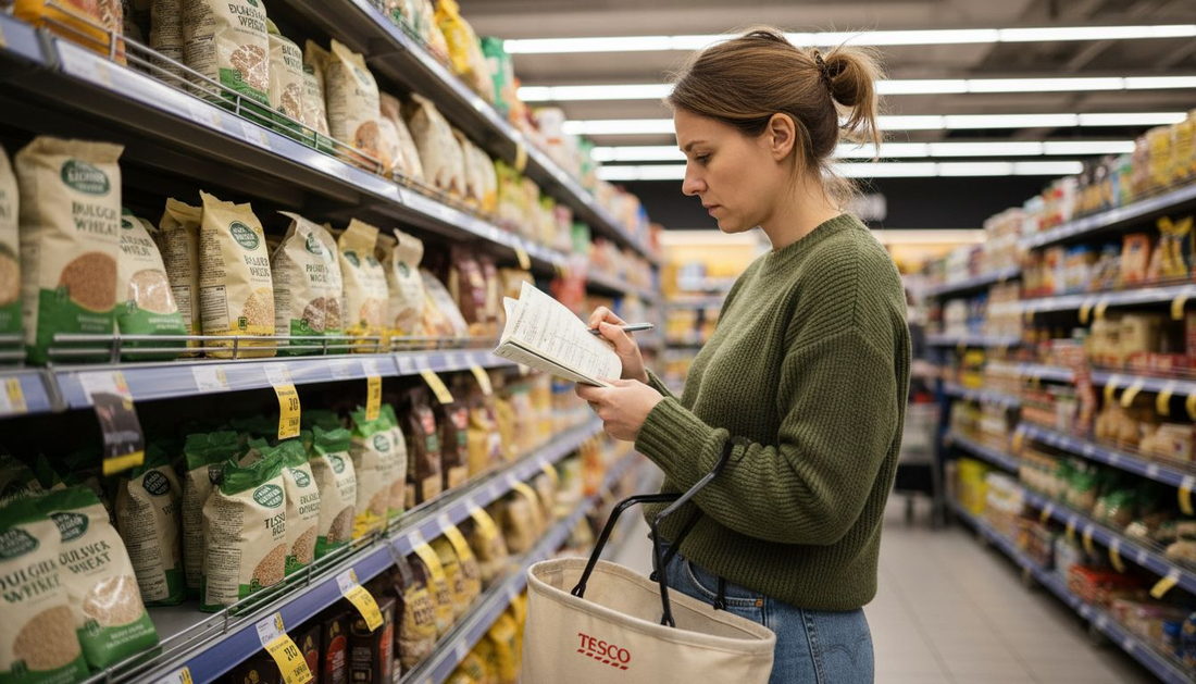 Woman inspecting ancient grains in grocery aisle