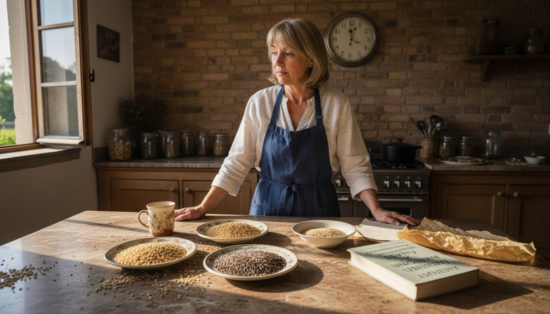 Nutritionist comparing grains at kitchen island
