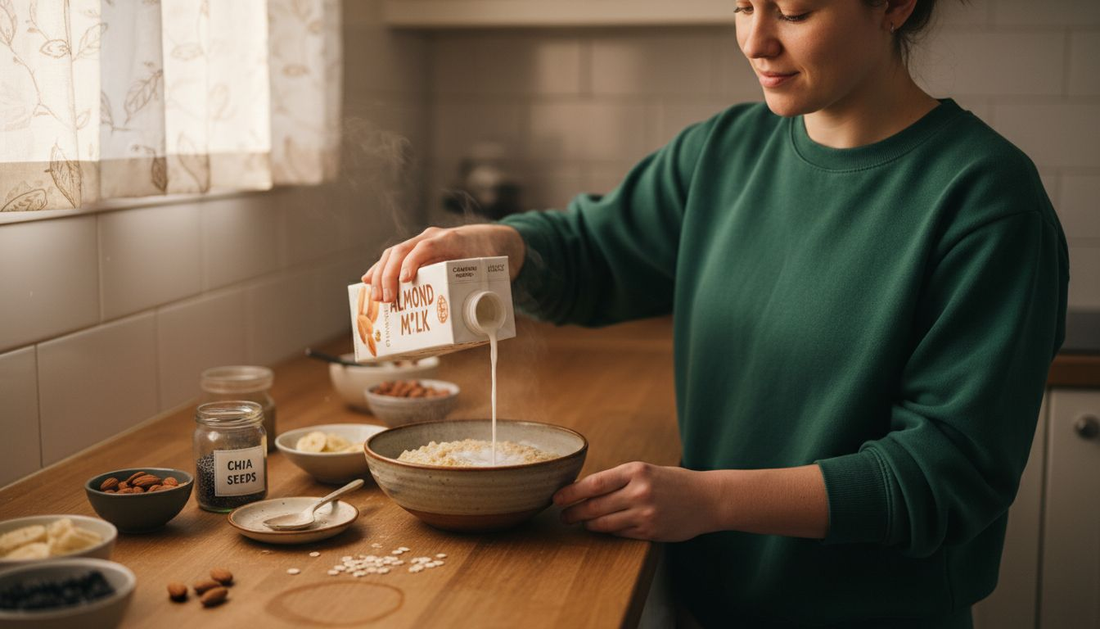 Woman preparing vegan protein oats breakfast