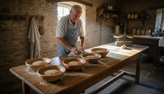 Baker arranging ancient grains on rustic table