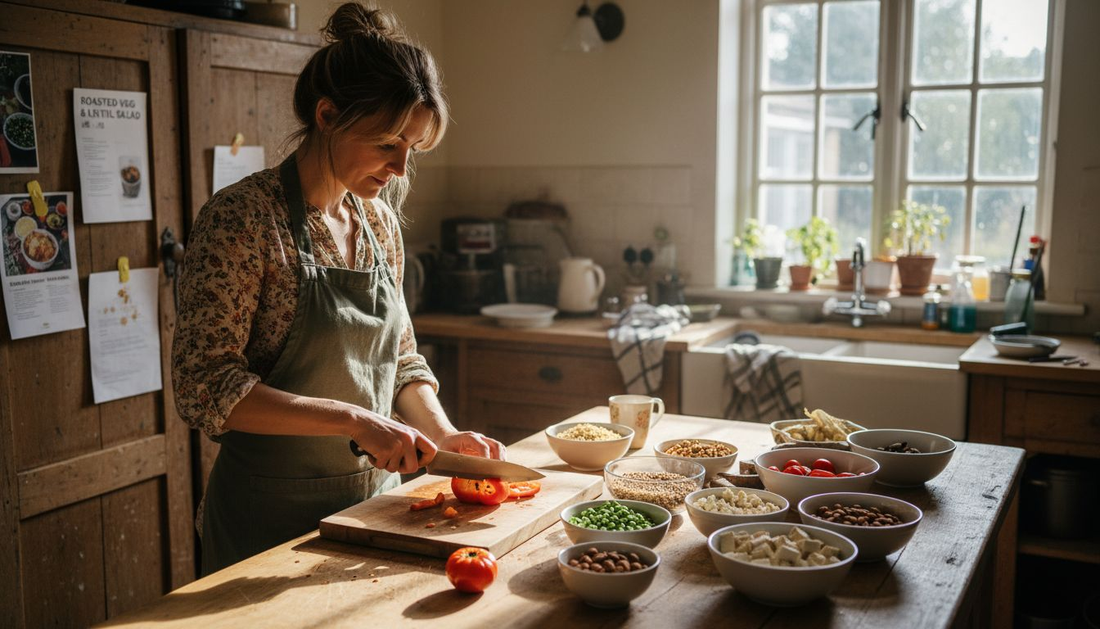 Woman preparing vegetarian protein-rich foods in kitchen