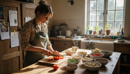 Woman preparing vegetarian protein-rich foods in kitchen