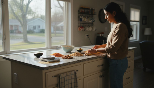 Woman prepping vegetarian protein foods in kitchen