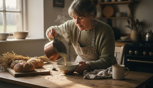 Woman serving ancient grain porridge at kitchen table