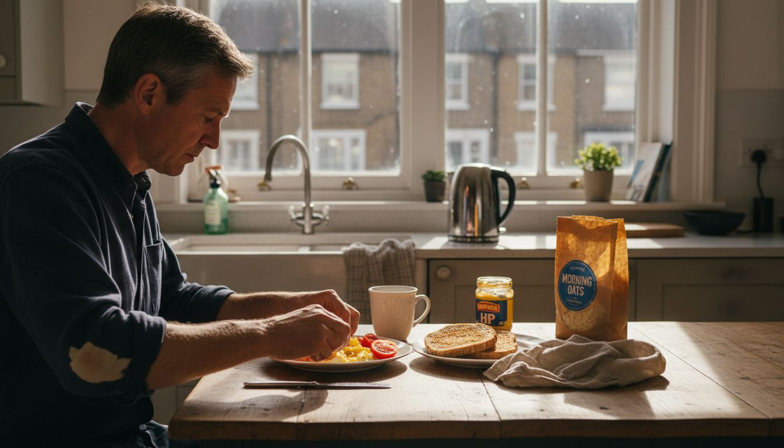 Man preparing balanced UK breakfast in kitchen