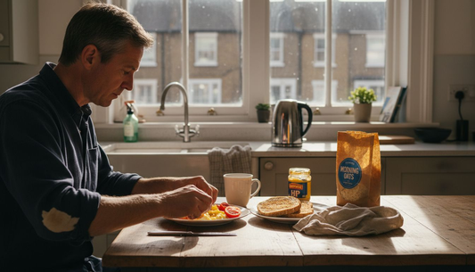Man preparing balanced UK breakfast in kitchen