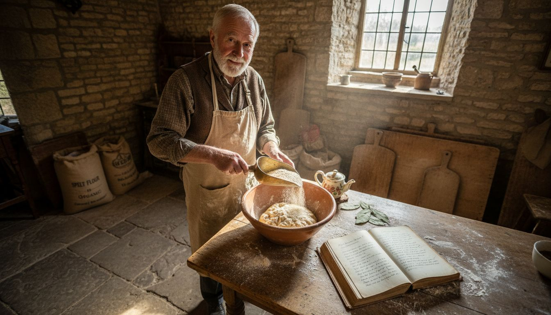 Elderly baker measuring ancient flour in kitchen
