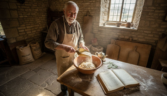 Elderly baker measuring ancient flour in kitchen