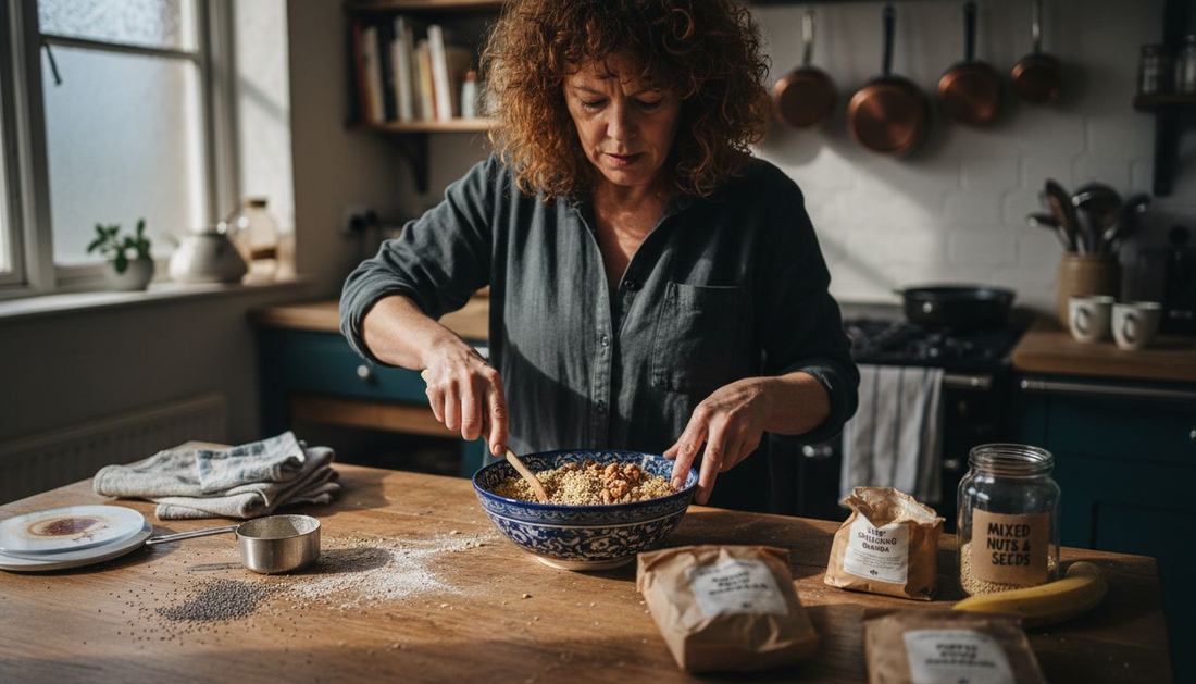 Woman making ancient grains breakfast in kitchen