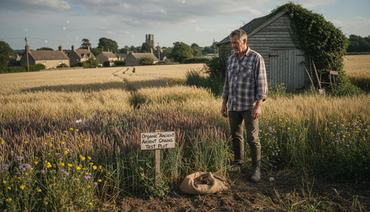 Farmer in organic ancient grains field