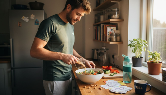 Athlete preparing plant-based protein meal