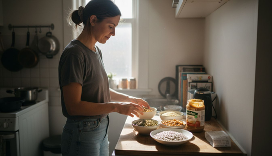 Woman preparing vegetarian protein meal in kitchen