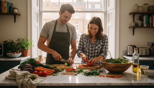 Couple preparing plant-based meal in kitchen