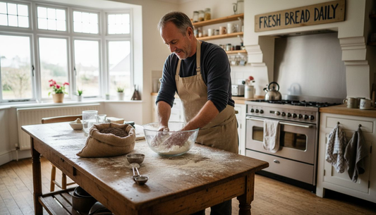 Baker mixing grains in sunlit kitchen