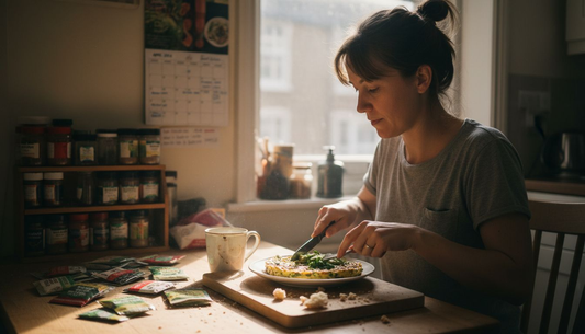 Woman preparing grain dairy free breakfast in kitchen