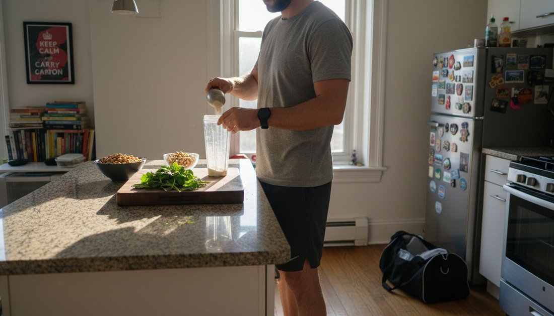 Athlete preparing vegan protein shake in kitchen