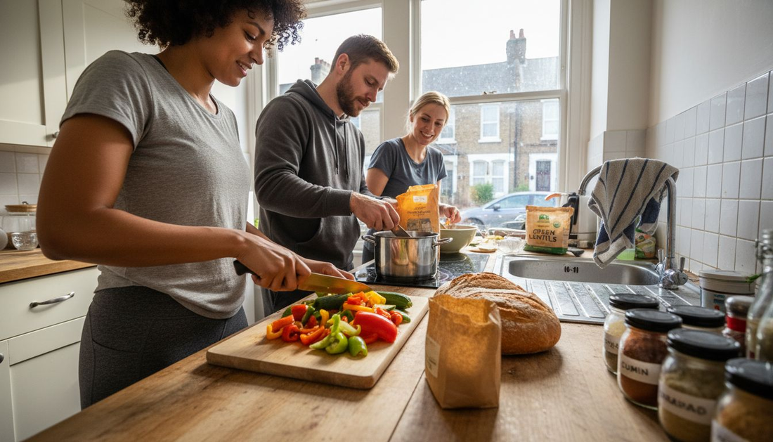 Active adults preparing plant-based protein meal in UK kitchen