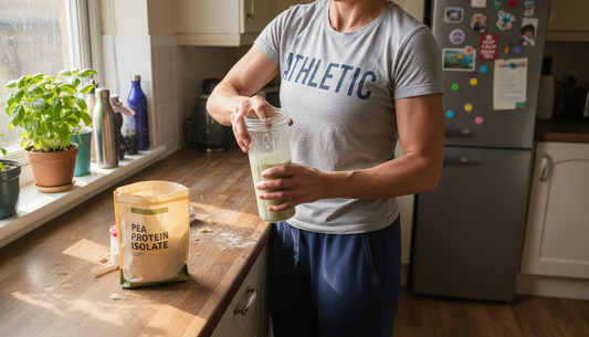 Woman making protein shake in home kitchen