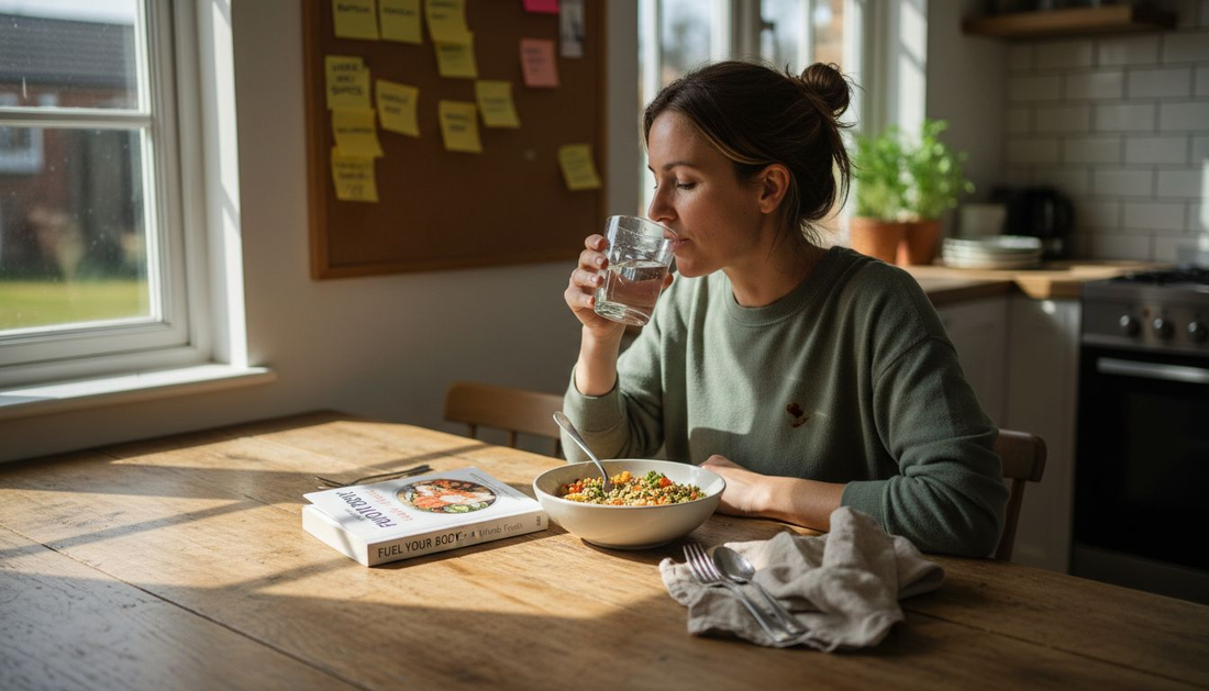 Woman enjoying protein-rich meal in kitchen
