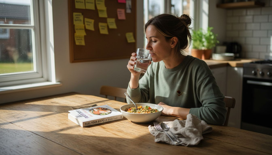 Woman enjoying protein-rich meal in kitchen