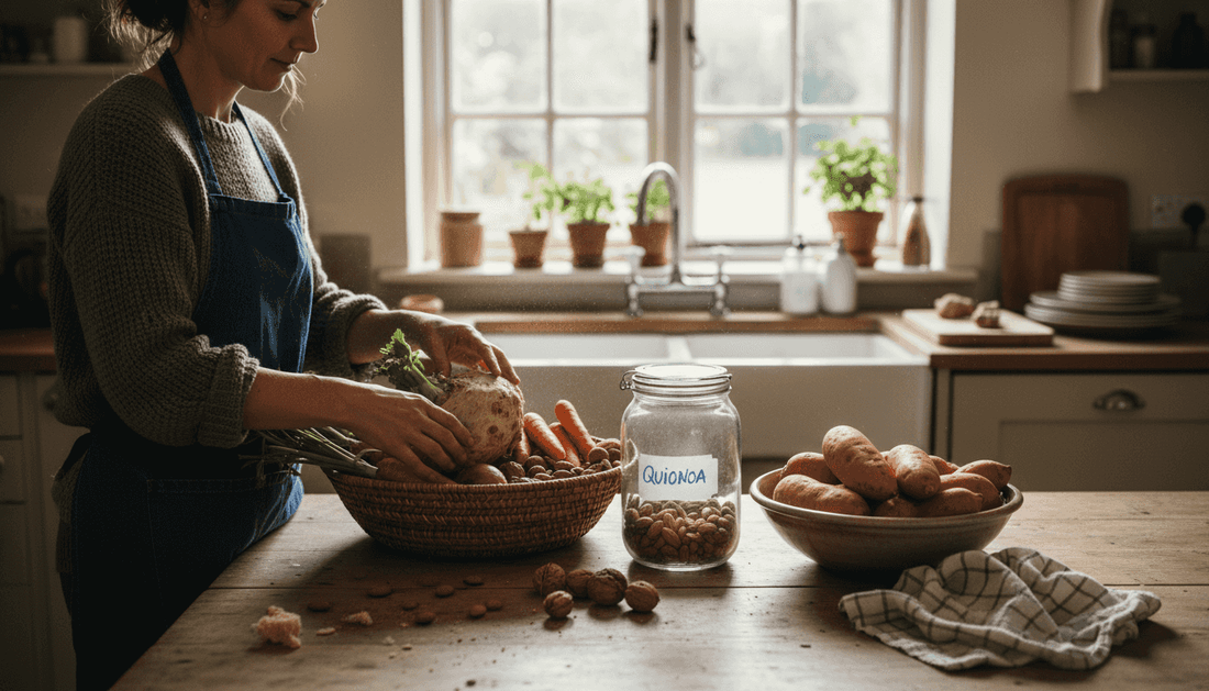 Woman arranging grain-free foods in kitchen