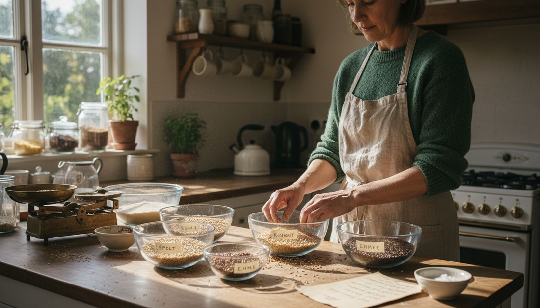 Woman sorting ancient wheat grains kitchen