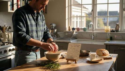 Man preparing egg breakfast at kitchen counter