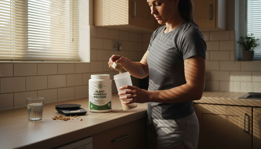 Person preparing plant protein powder blend