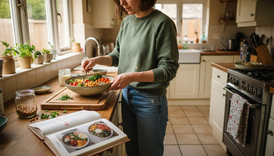 Woman plating plant-based high protein meal