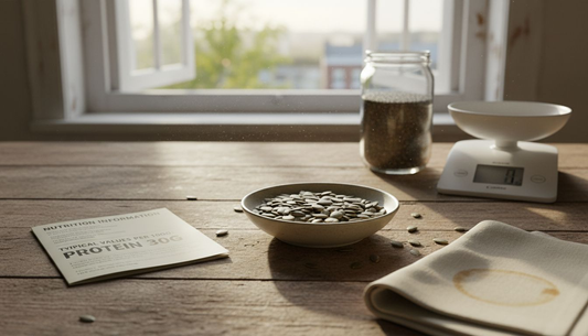 Bowl of pumpkin seeds on rustic kitchen table