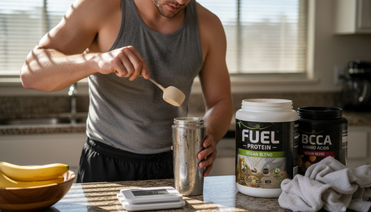Athlete measuring plant protein powder in kitchen