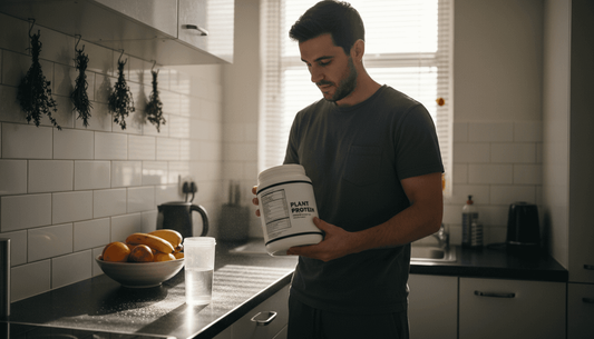 Man preparing clean plant protein shake kitchen