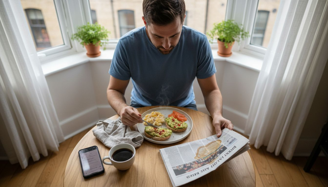 Man eating high-protein breakfast in sunlit kitchen