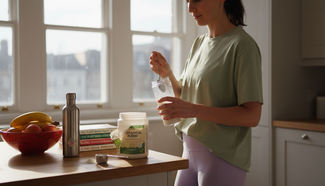 Woman preparing plant protein powder in kitchen