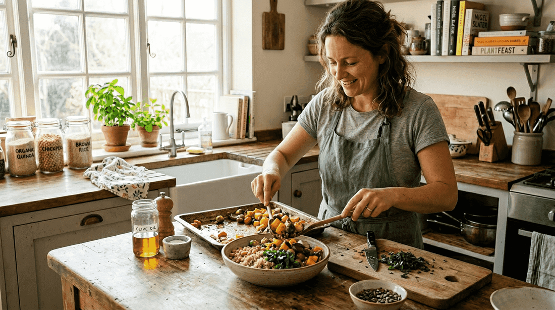 Woman preparing plant protein meal in kitchen