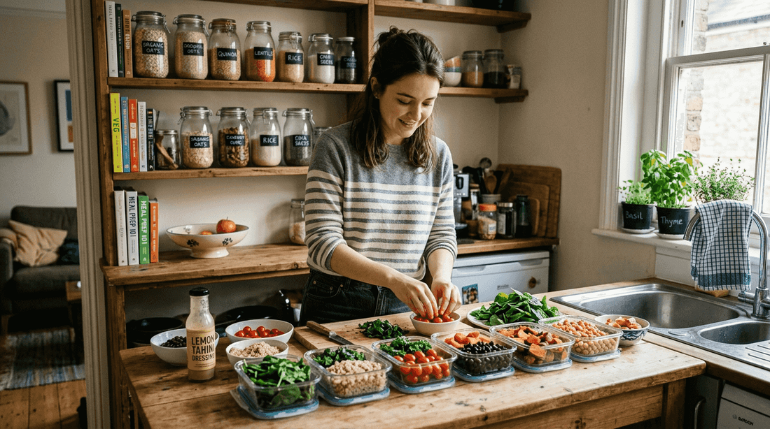 Woman arranging plant-based foods in kitchen