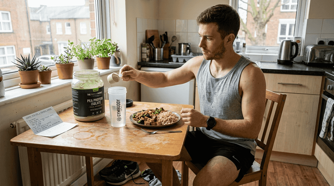 Athlete preparing plant protein meal