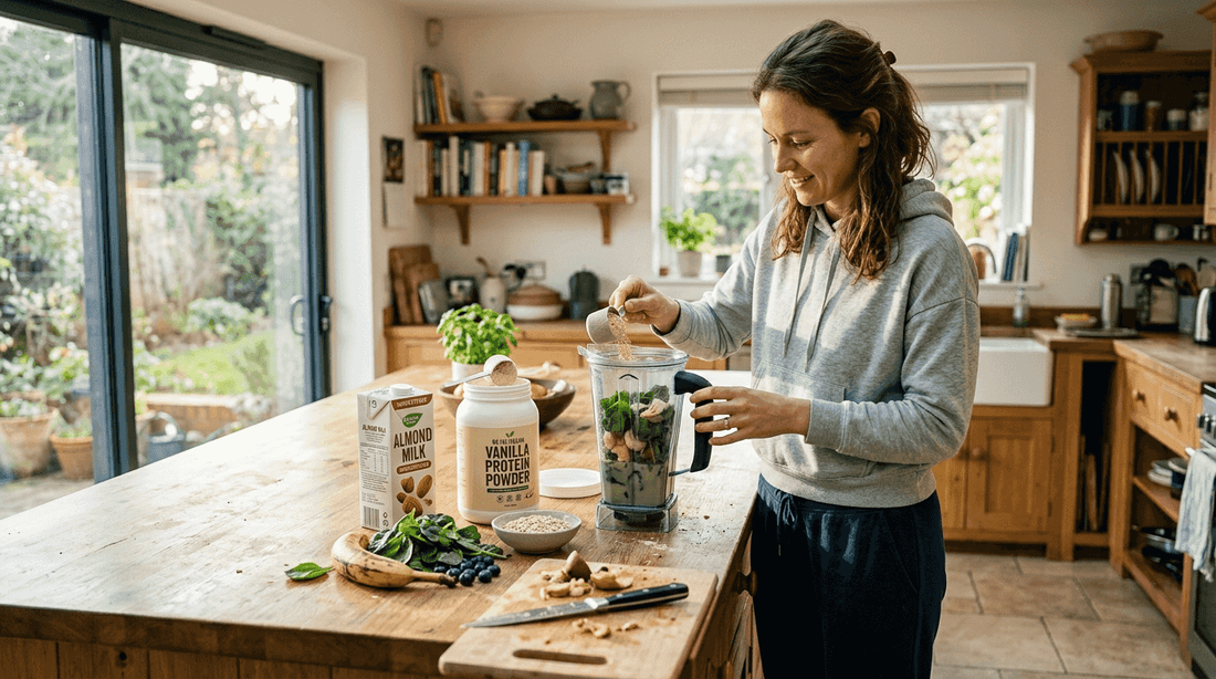 Woman making vegan protein smoothie in kitchen