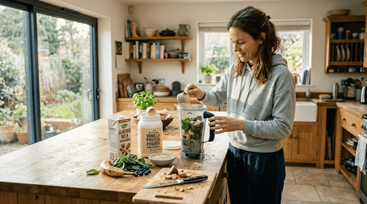 Woman making vegan protein smoothie in kitchen