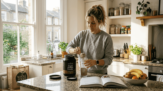 Woman making vegan protein shake in kitchen