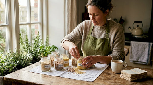 Person sorting ancient grains in home kitchen