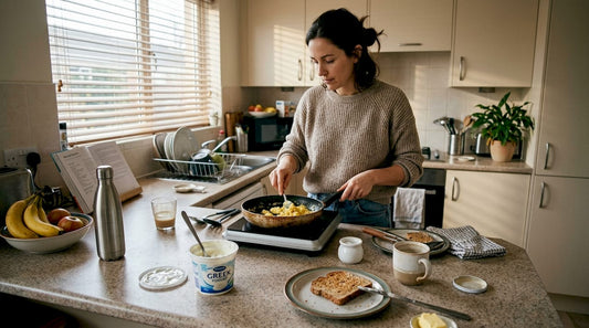 Woman cooking high protein breakfast in kitchen