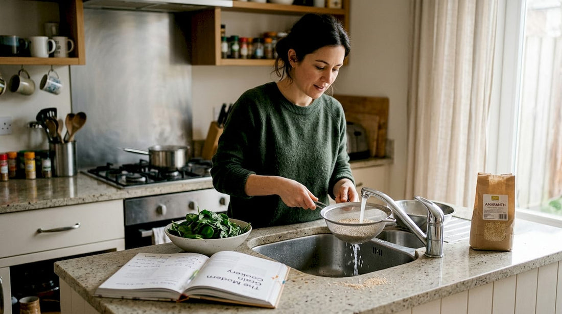 Woman preparing quinoa in home kitchen