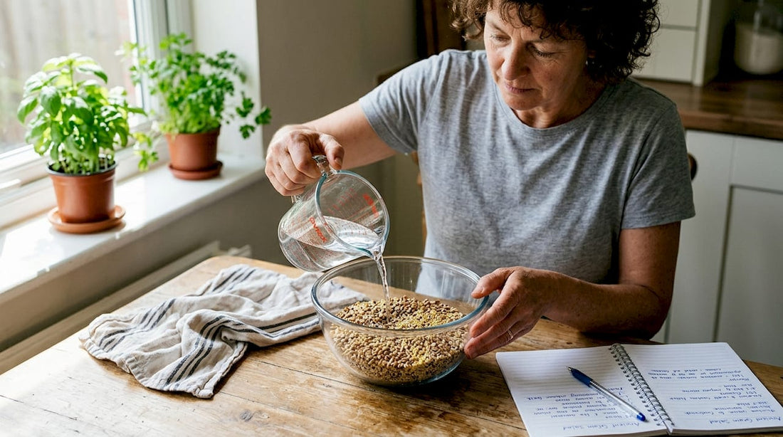 Woman soaking ancient grains in bright kitchen
