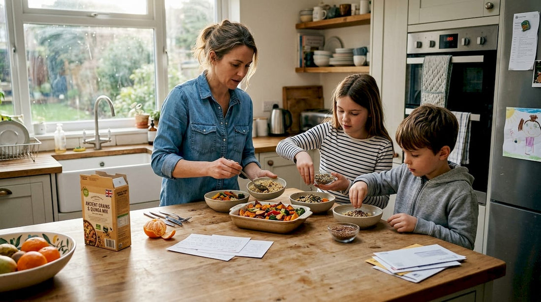 Family preparing ancient grain lunch bowls together